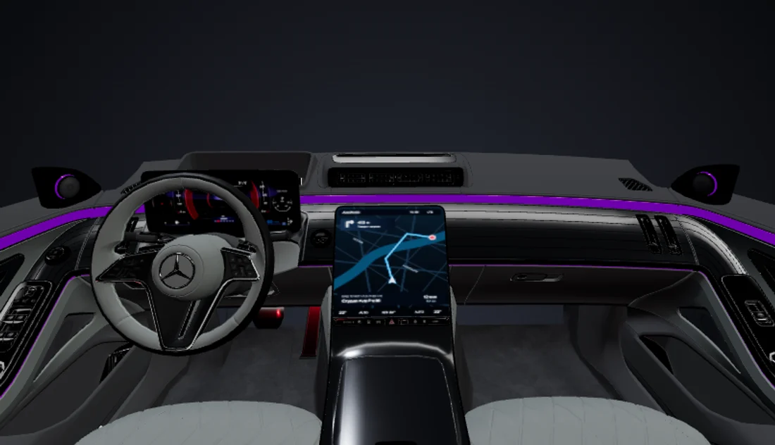 Салон Mercedes W223 с экраном, центральной консолью и декоративными вставками