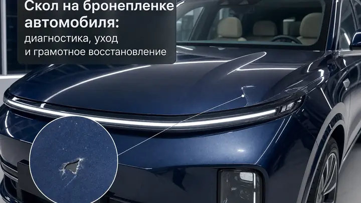 Темно-синий внедорожник в студии, на капоте виден скол на прозрачной бронепленке
