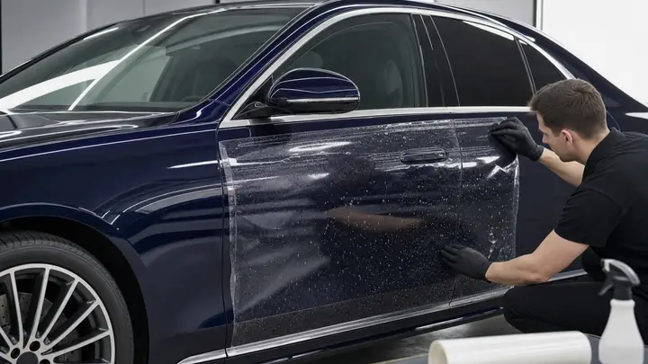 Современный темно-синий Mercedes-Benz S-Class в студии, акцент на переднюю дверь автомобиля