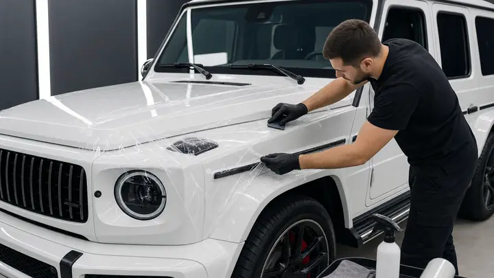 Новый Mercedes-Benz G-Class в студии, акцент на защищённых пленкой зонах кузова