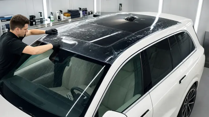 Современный белый кроссовер Li Auto L9 в студии, акцент на крыше, подготовленной к оклейке бронепленкой