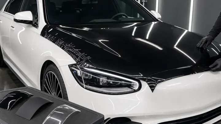 Современный Mercedes-Benz S-Class в студии, капот и крыло оклеены глянцевой черной бронепленкой, виден блеск пленки и чистый кузов.