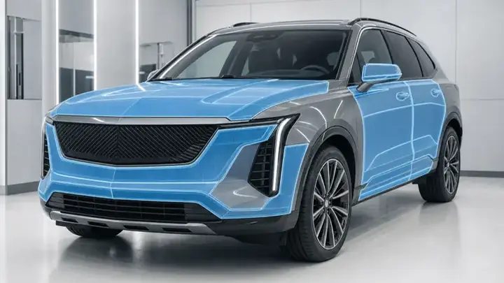 Cadillac 2026 в студии с отмеченными зонами защитной оклейки пленкой