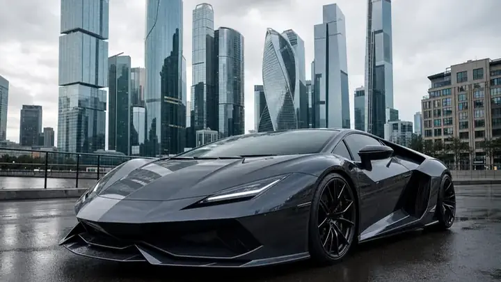 Lamborghini 2026 с защитной пленкой на кузове на фоне Москвы
