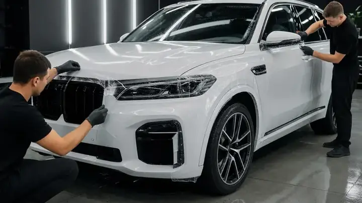 Процесс бронирования автомобиля полиуретановой пленкой на капоте и бампере
