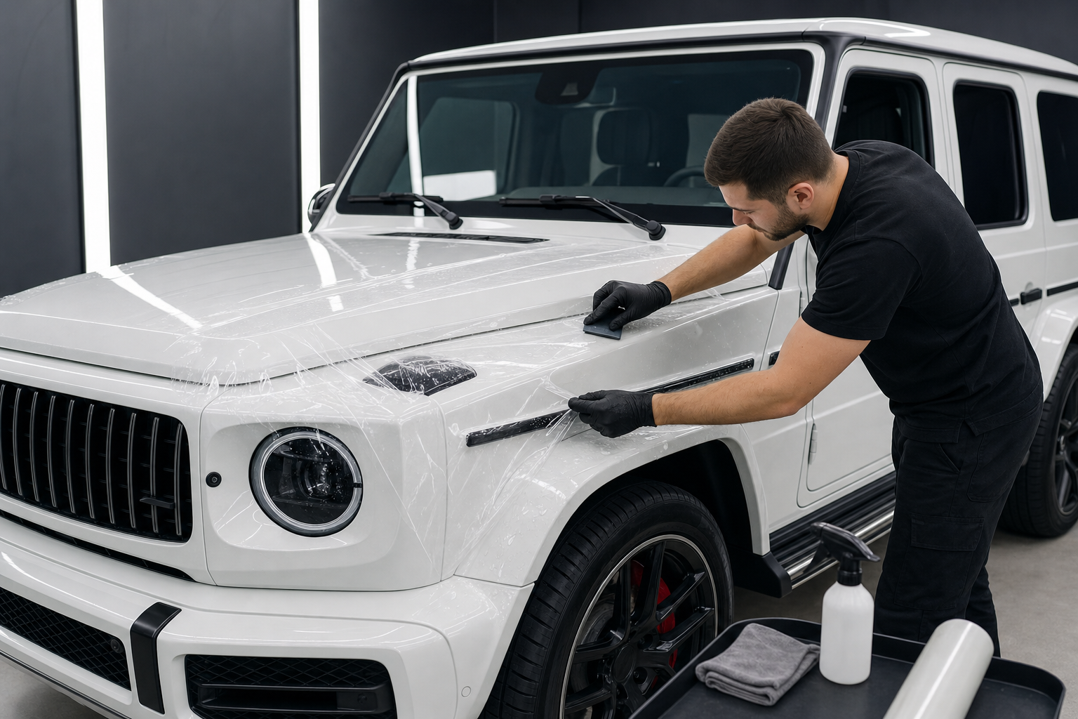 Новый Mercedes-Benz G-Class в студии, акцент на защищённых пленкой зонах кузова