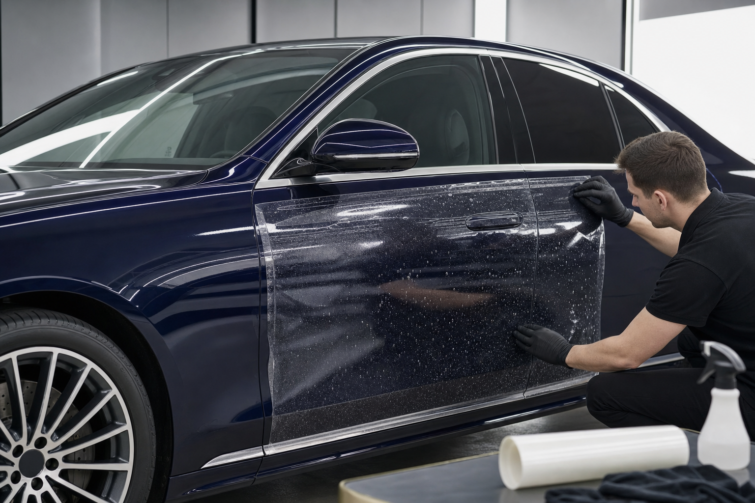 Современный темно-синий Mercedes-Benz S-Class в студии, акцент на переднюю дверь автомобиля