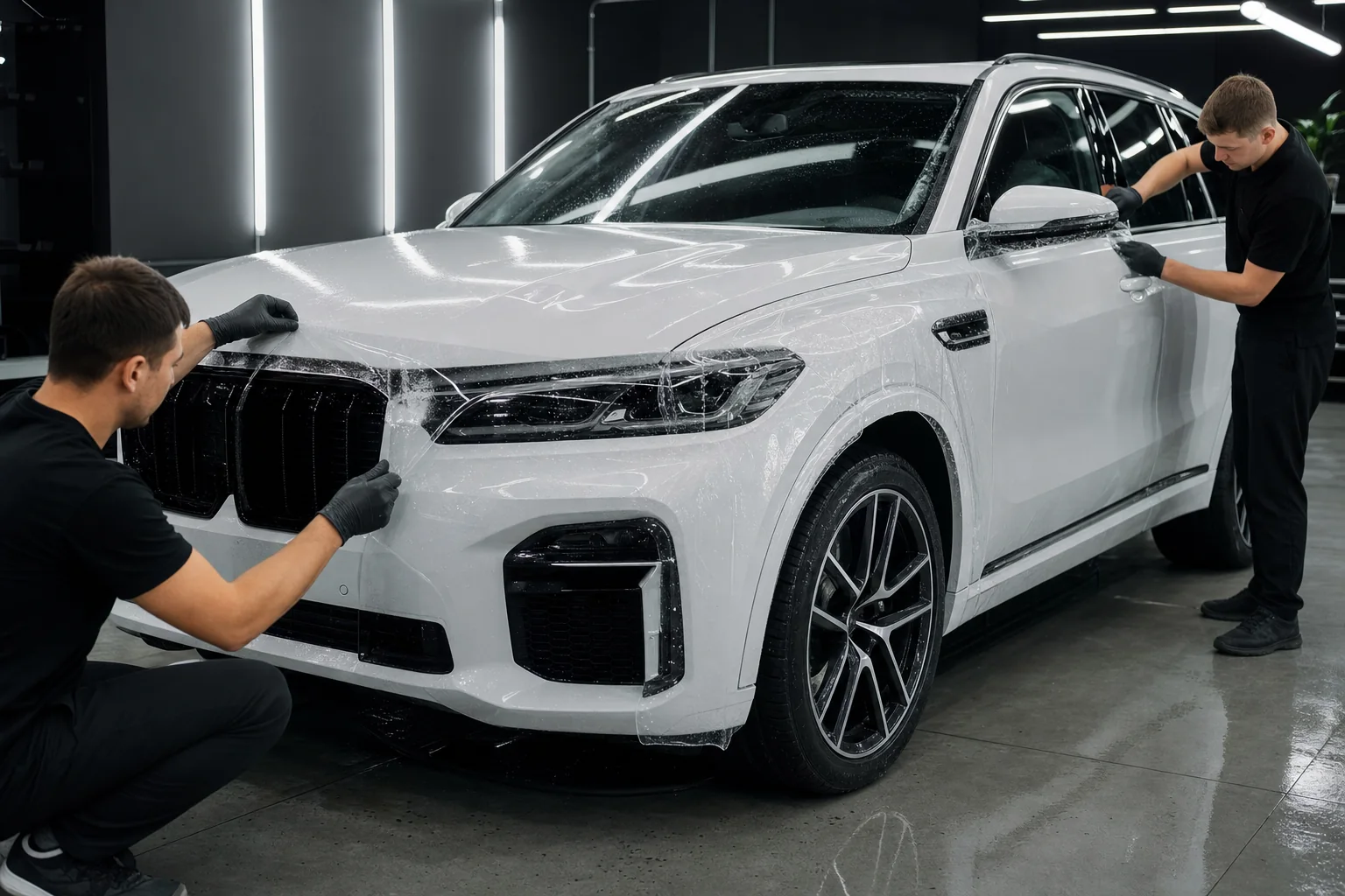 Процесс бронирования автомобиля полиуретановой пленкой на капоте и бампере