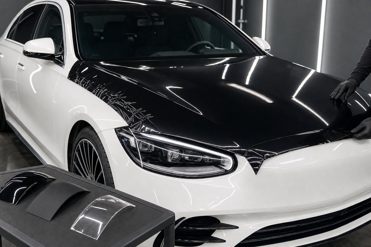 Современный Mercedes-Benz S-Class в студии, капот и крыло оклеены глянцевой черной бронепленкой, виден блеск пленки и чистый кузов.
