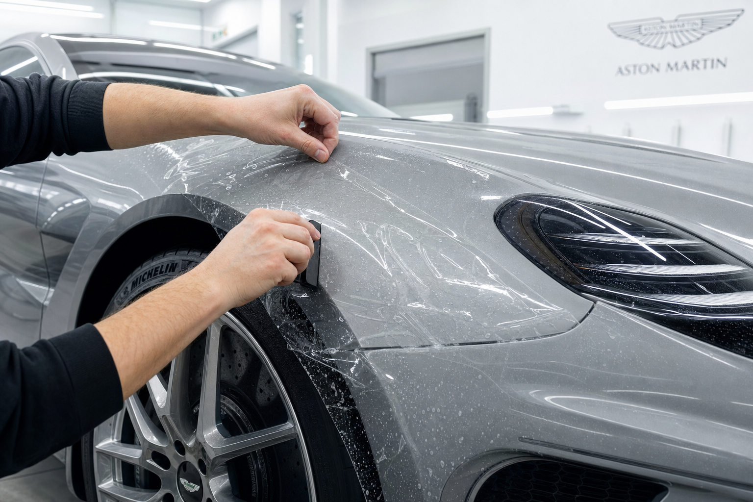 Процесс оклейки переднего крыла Aston Martin 2026 защитной пленкой в студии