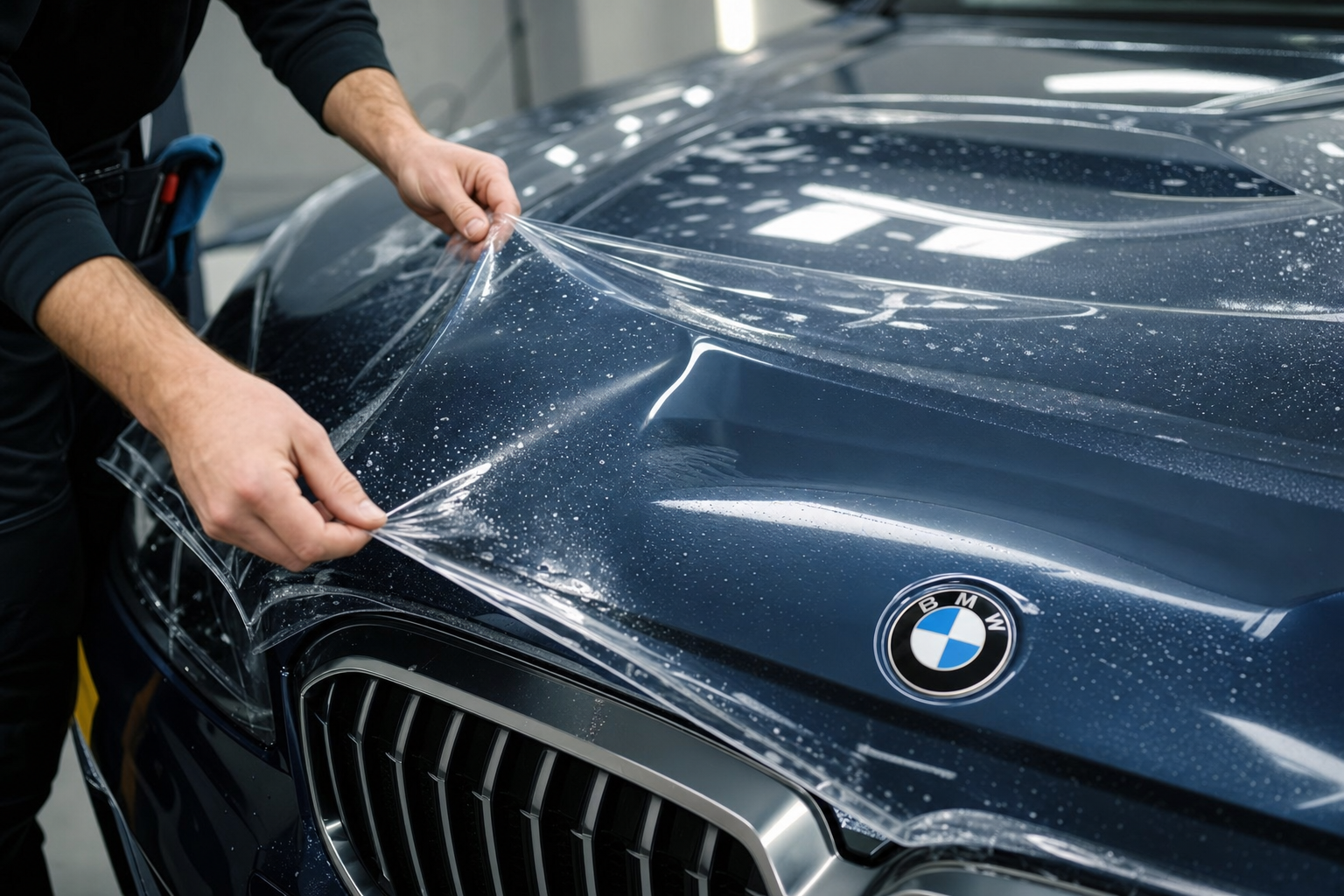 Процесс нанесения защитной пленки на крыло BMW 2026 в студии
