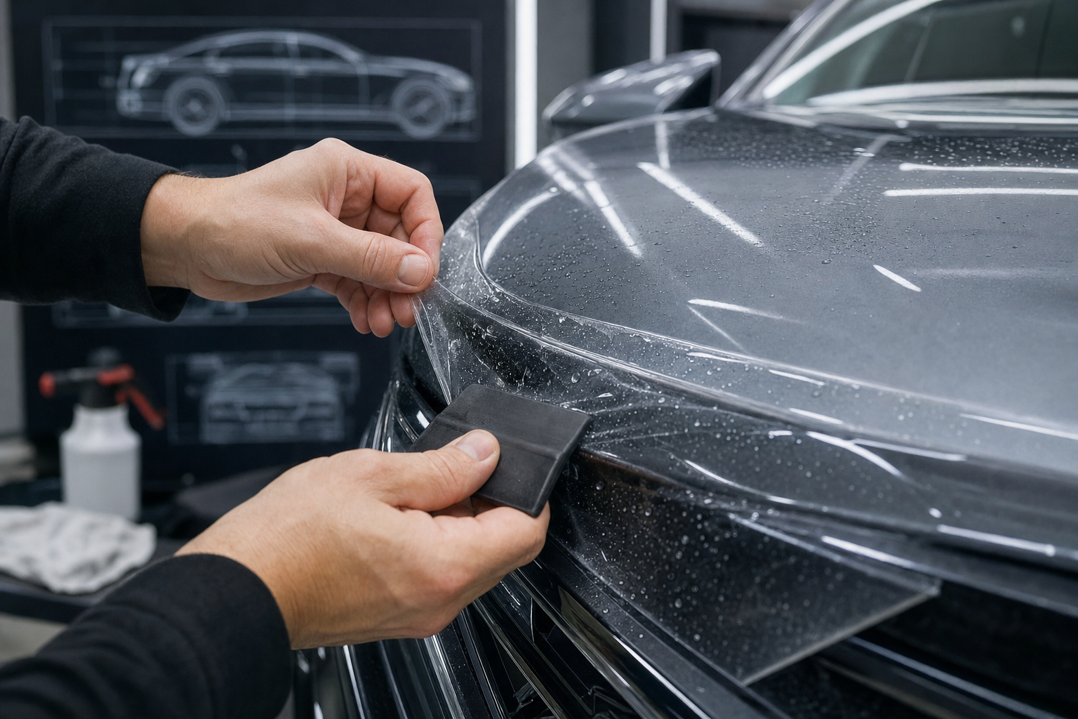 Процесс оклейки капота Cadillac 2026 защитной пленкой крупным планом
