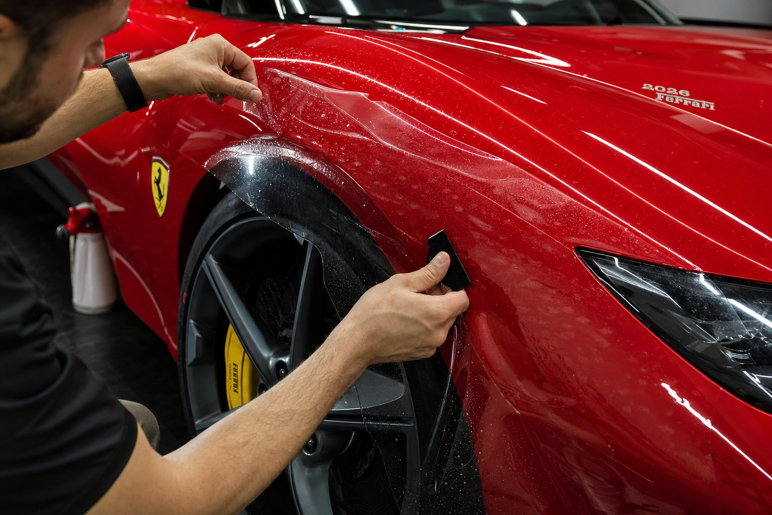 Процесс нанесения защитной пленки на крыло Ferrari 2026, крупный план