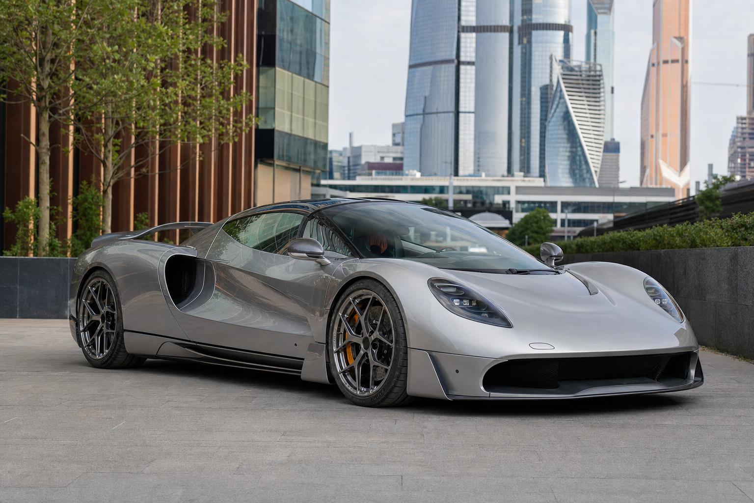 Gordon Murray Automotive 2026 в Москве - общий вид автомобиля на фоне города
