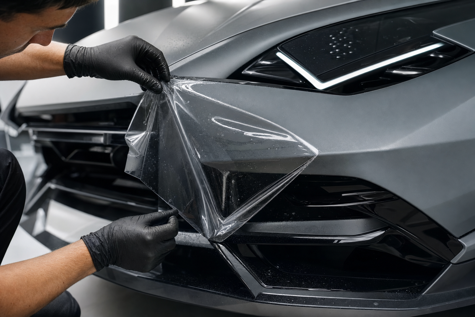 Детальный процесс оклейки переднего бампера Lamborghini 2026 полиуретановой пленкой