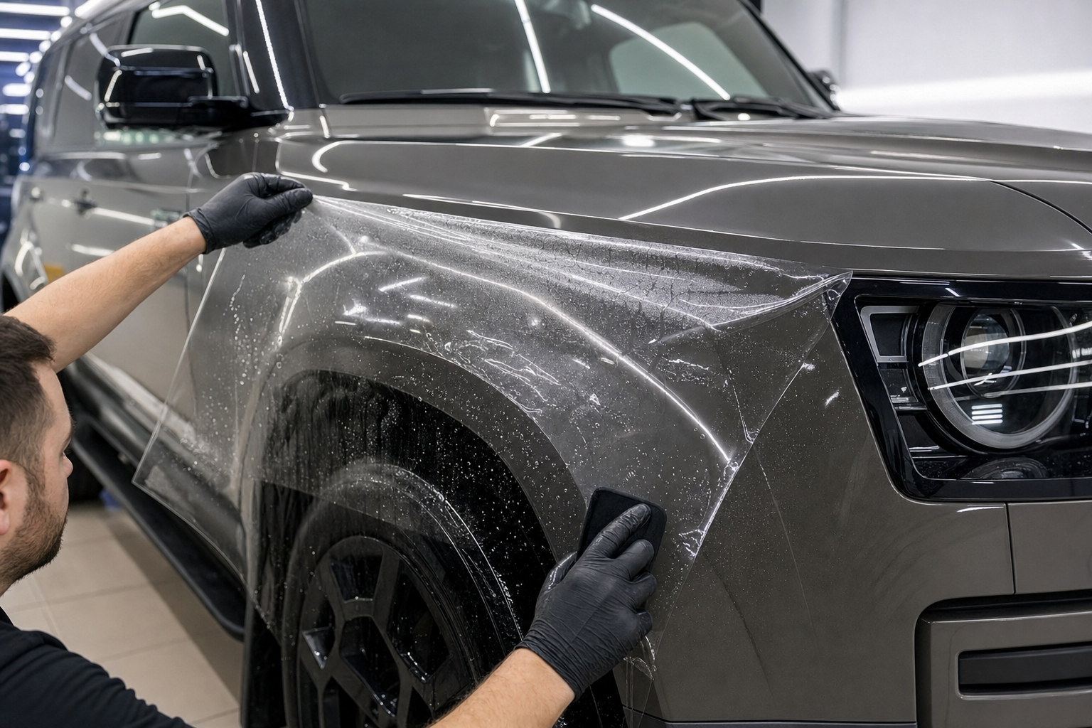 Процесс оклейки крыла Land Rover 2026 защитной пленкой