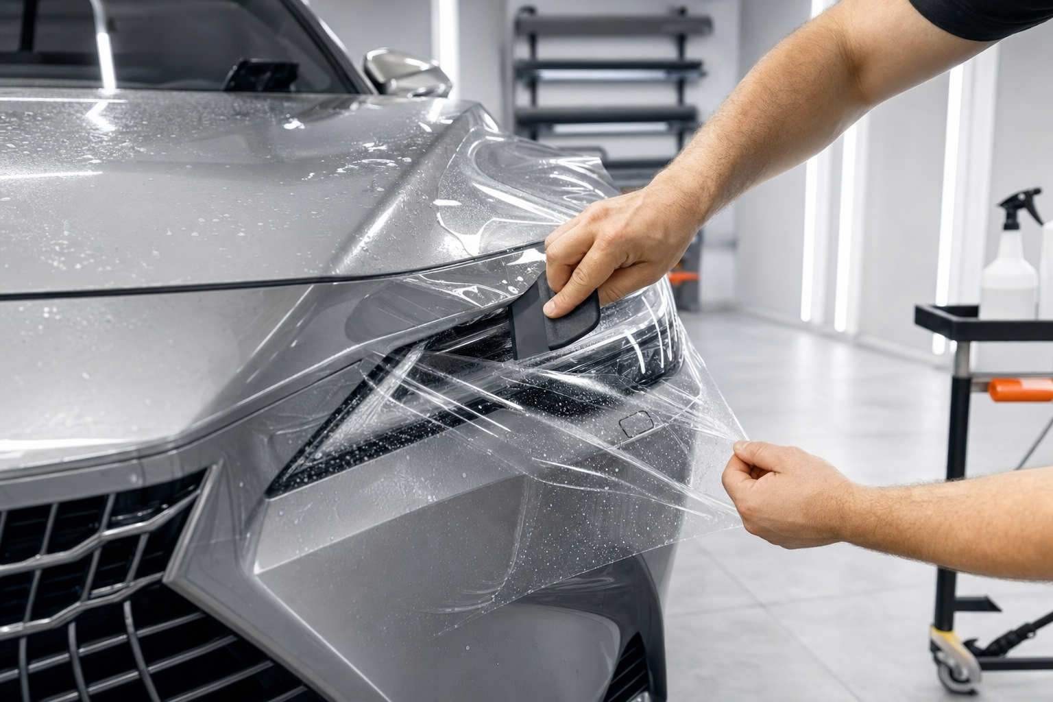 Процесс оклейки Lexus 2026 защитной пленкой в студии