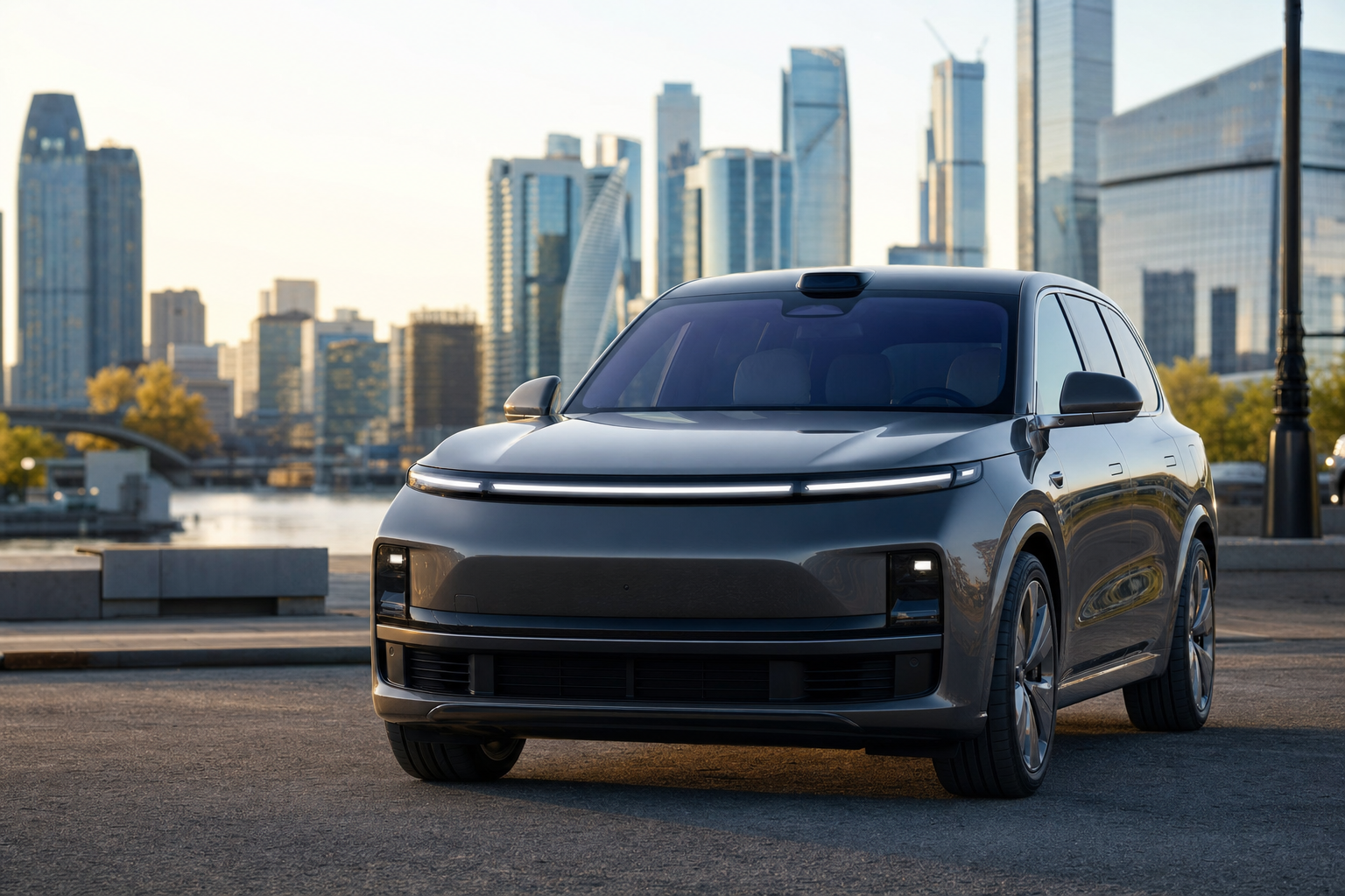 Li Auto 2026 в Москве, общий вид автомобиля на фоне мегаполиса