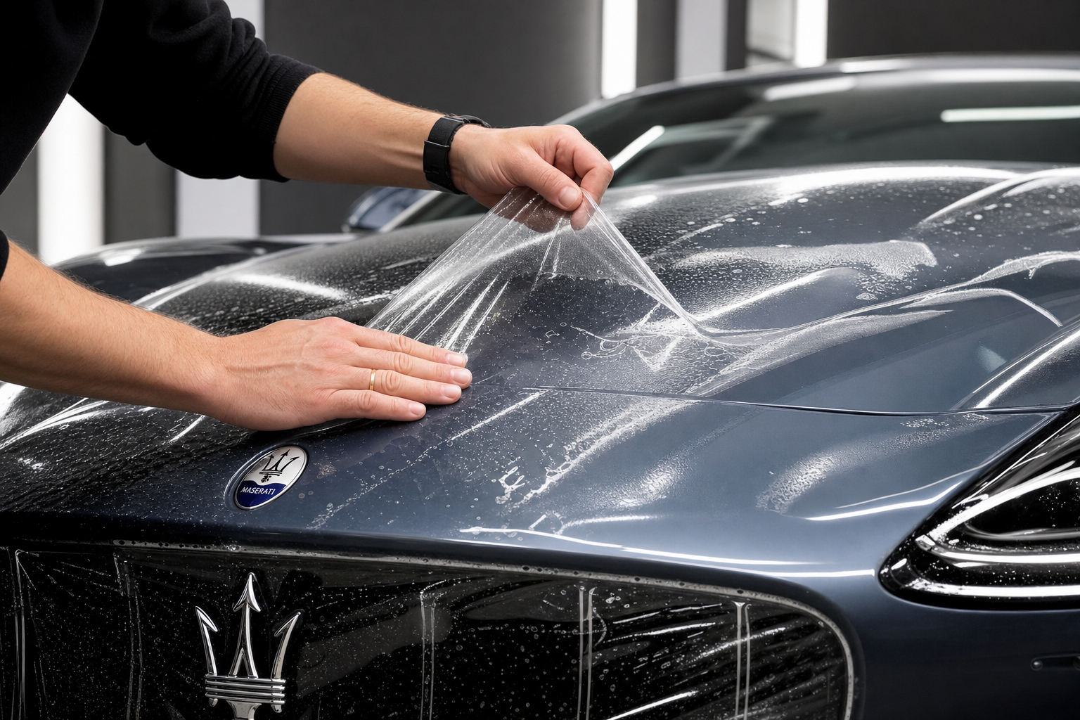Процесс оклейки капота Maserati 2026 полиуретановой пленкой в студии