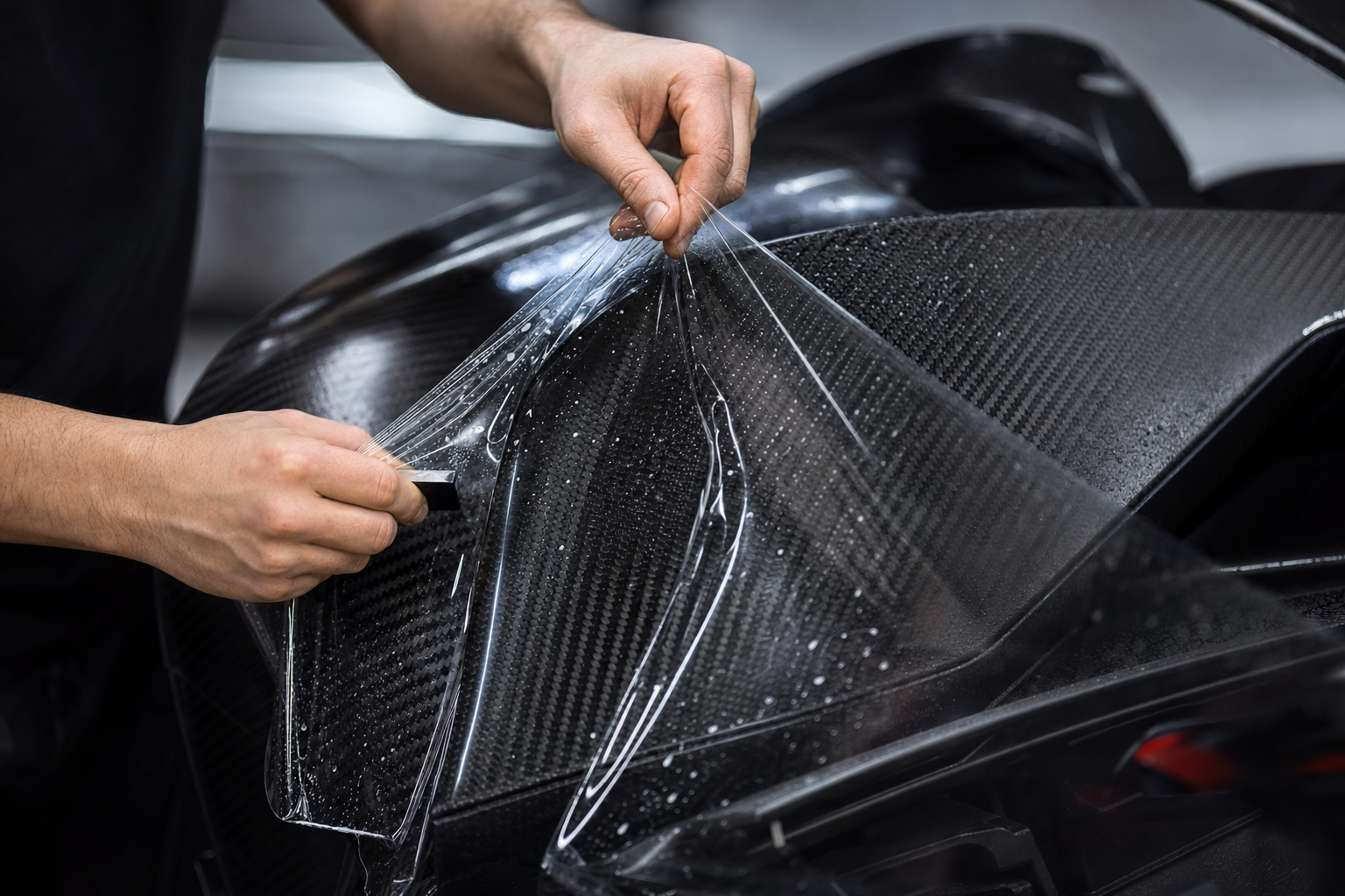 Процесс оклейки полиуретановой пленкой элемента кузова McLaren 2026