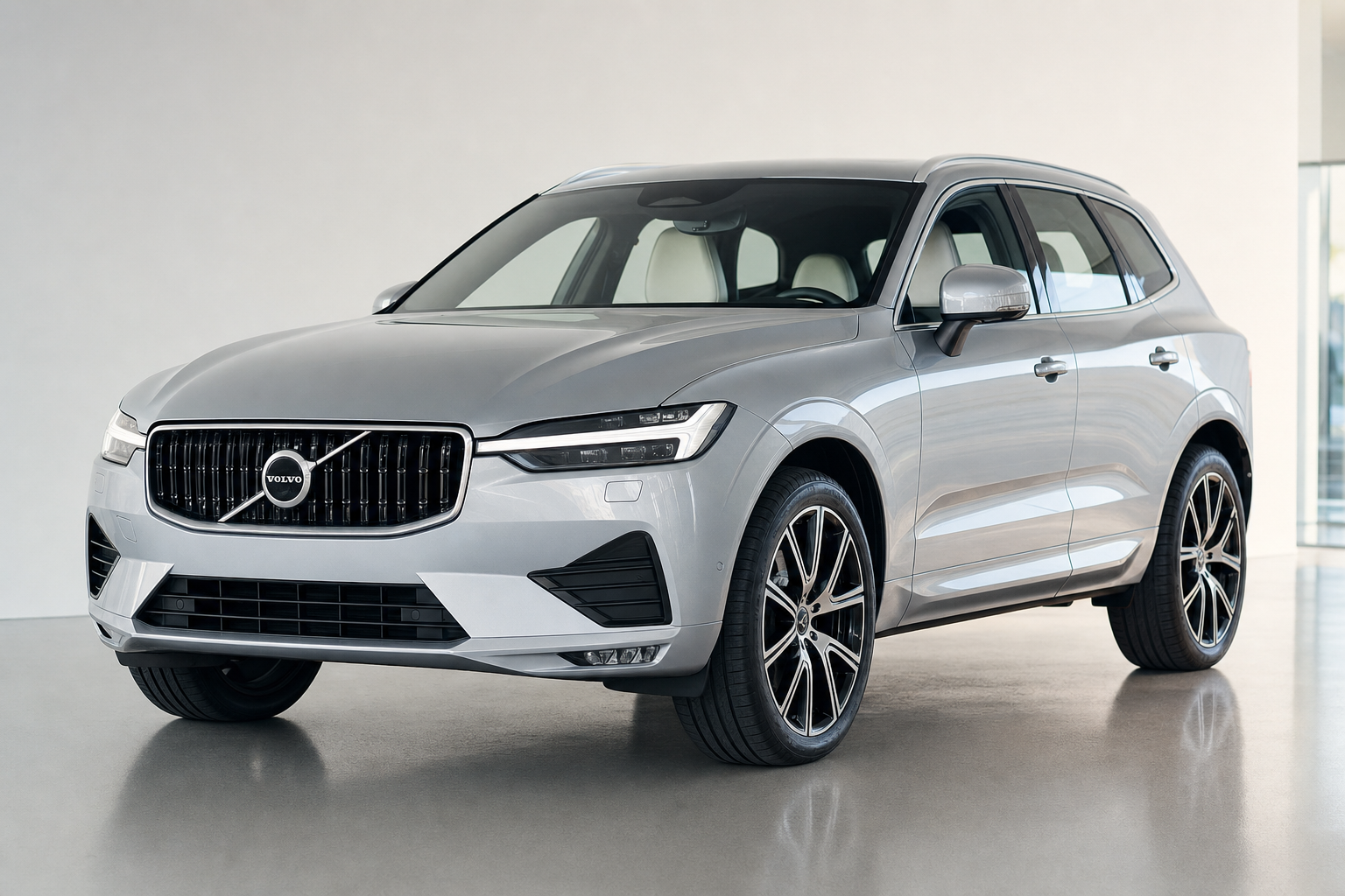 Volvo 2026 серебристого цвета на студийной площадке с идеальным кузовом