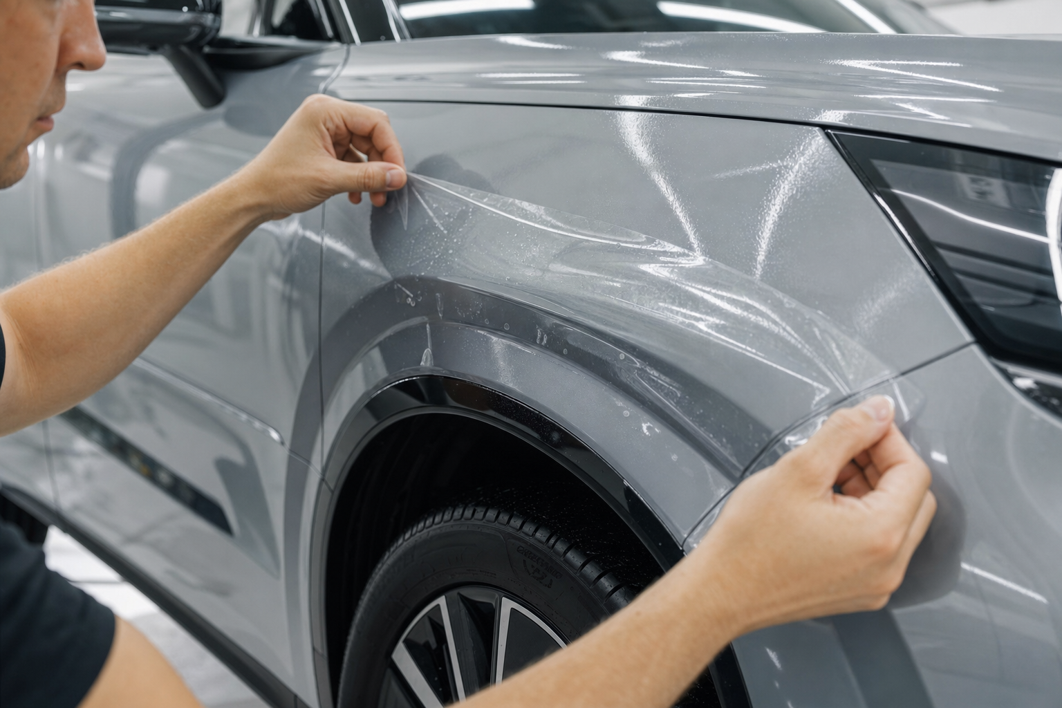 Процесс оклейки переднего крыла Volvo 2026 защитной пленкой крупным планом