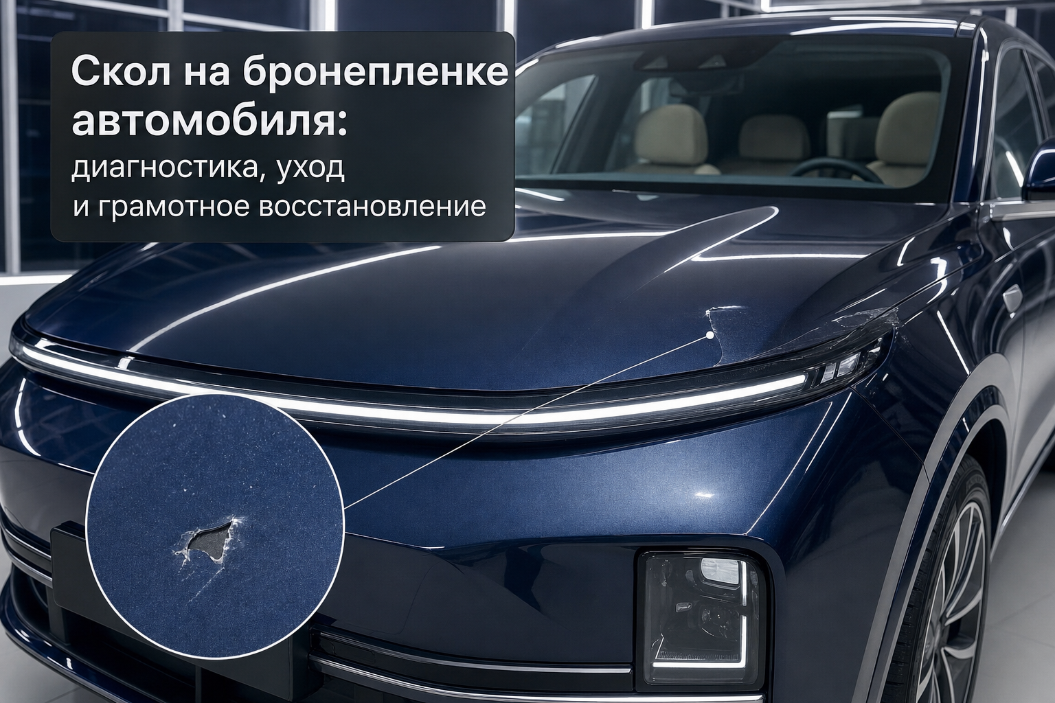 Темно-синий внедорожник в студии, на капоте виден скол на прозрачной бронепленке