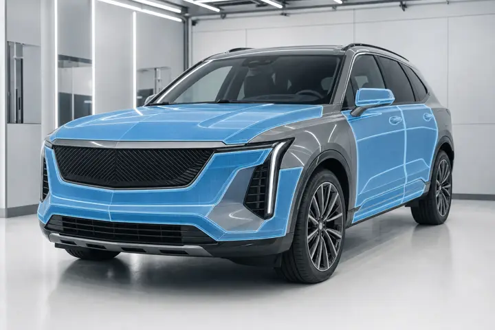 Cadillac 2026 в студии с отмеченными зонами защитной оклейки пленкой