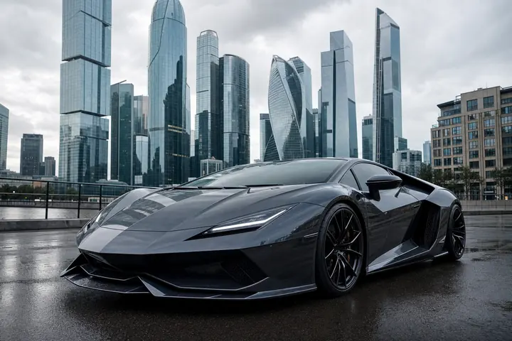 Lamborghini 2026 с защитной пленкой на кузове на фоне Москвы