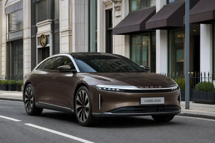 Lucid 2026 на улице Москвы, чистый кузов, премиальный электромобиль