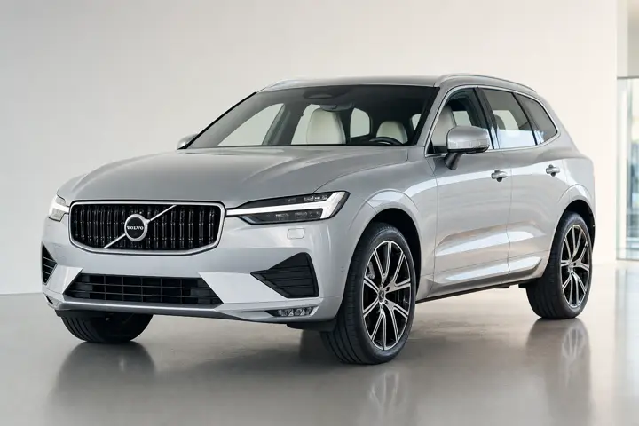 Volvo 2026 серебристого цвета на студийной площадке с идеальным кузовом